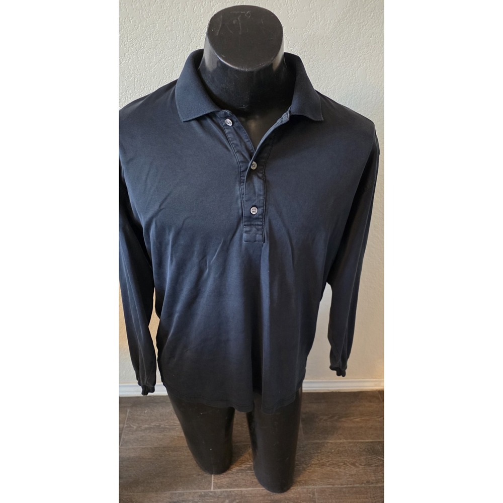 Saks Fifth Avenue Mens Polo Shirt Black Cotton 1/4 Buttons Long Sleeve Sz L